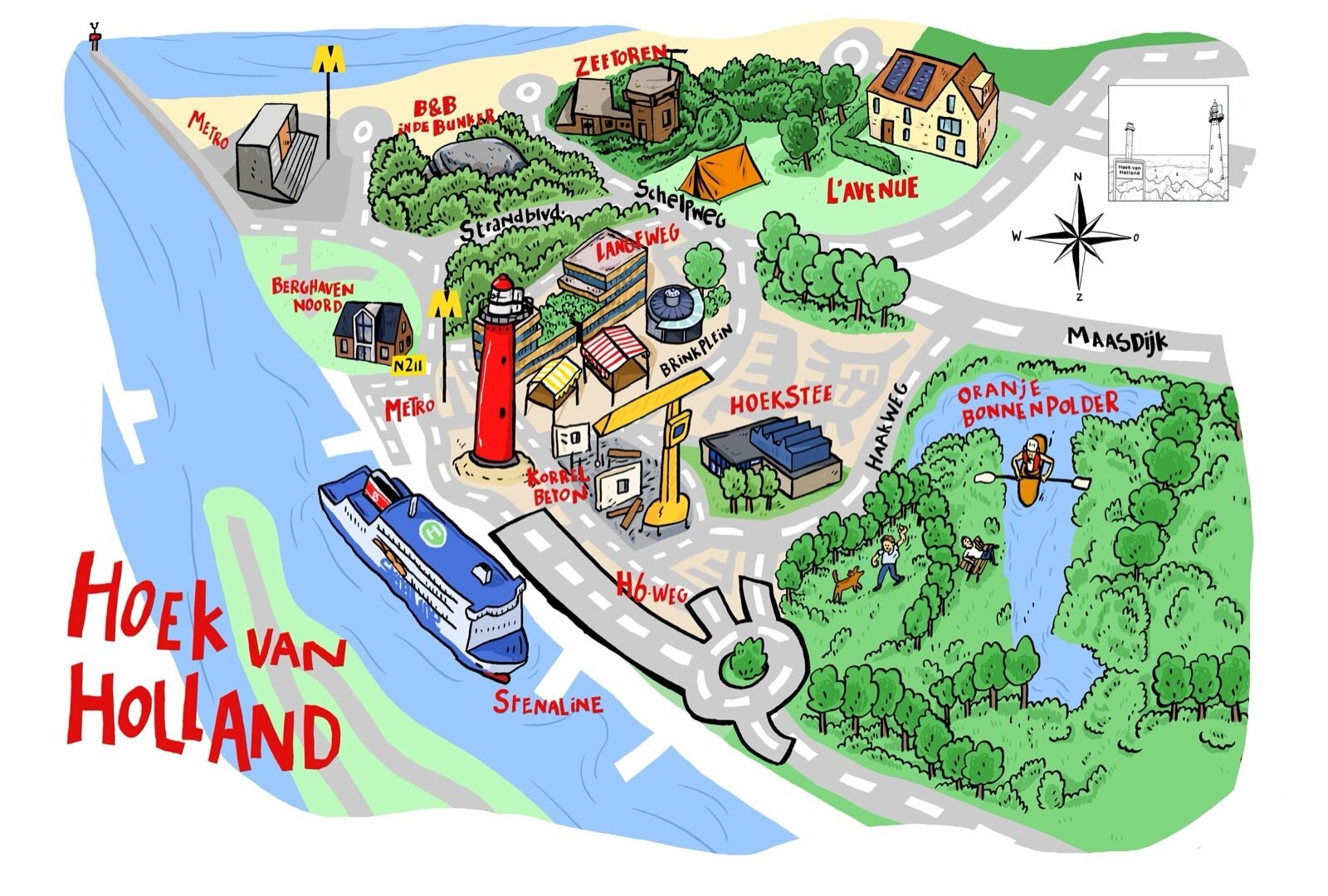 Kleurrijke getekende infographic-plattegrond van Hoek van Holland